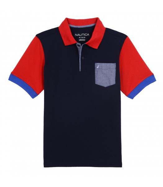 Nautica Navy Polo With Red Collar And Chambray Pocket 
